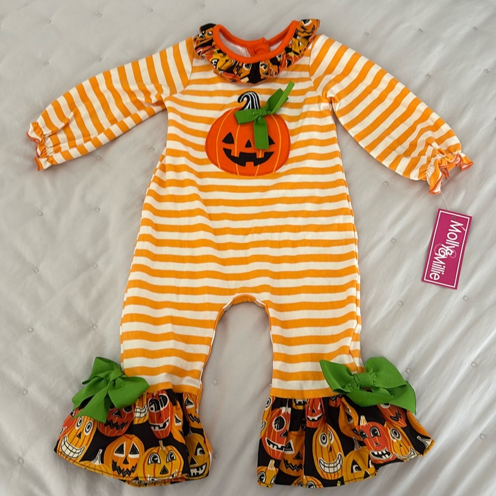 🎃NEW with Tags! Boutique Molly & Millie Baby Girl Halloween Romper w/ Bows! 6-9m
